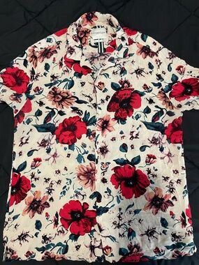 Denim & Flower Cream Button-Down with Red Floral Print